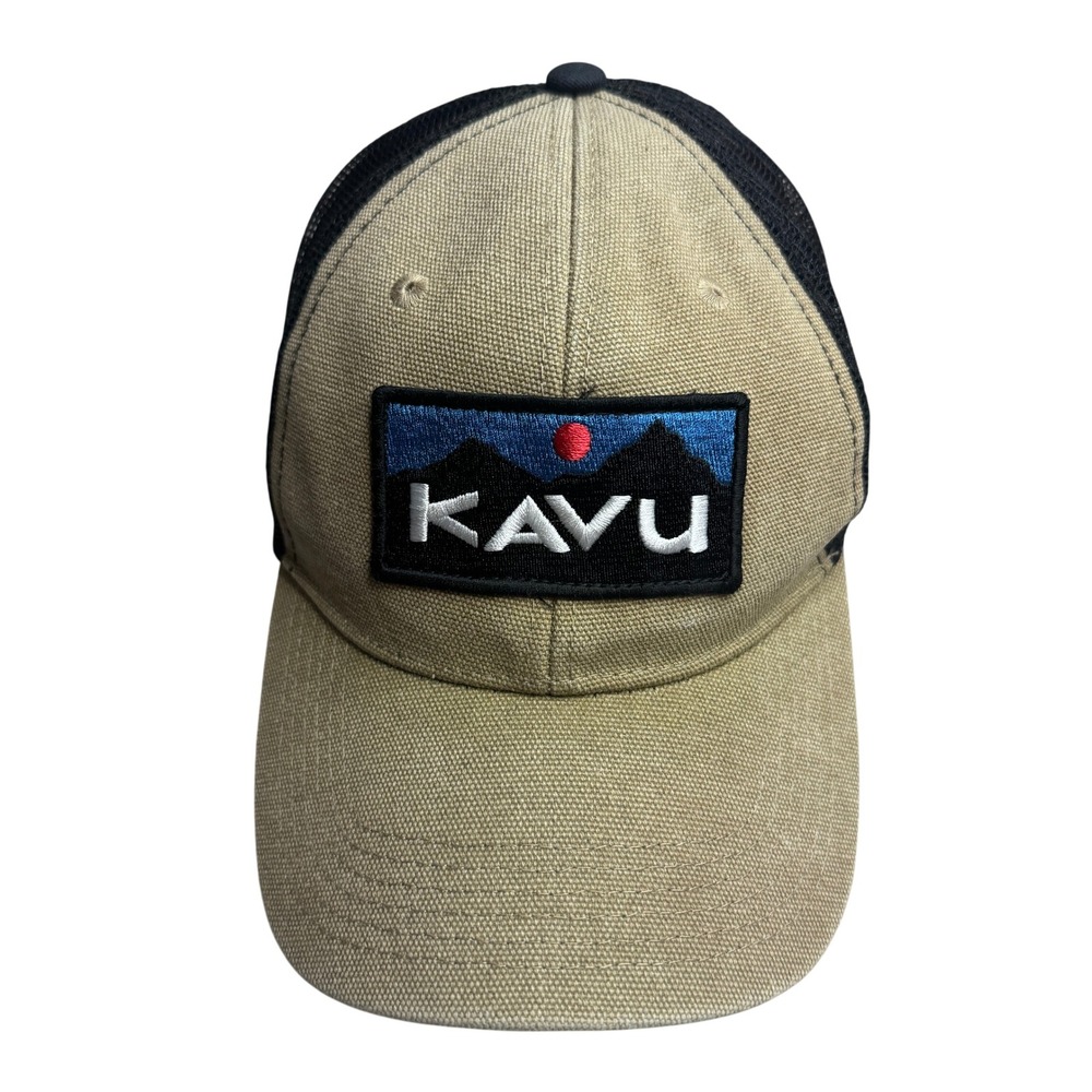Kavu Trucker Hat Tan Black Mountain Logo Patch Snapback Mesh Cap Mens Womens